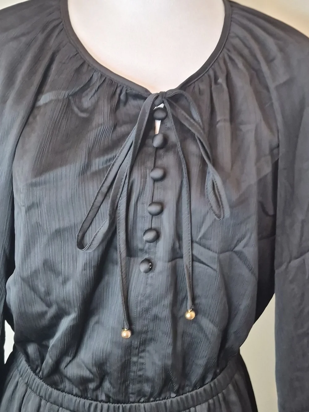 Black Long-Sleeve Tiered Maxi Dress with Tie Neck